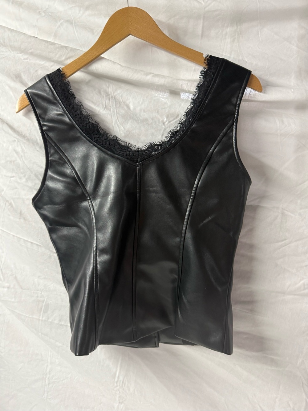 Faux Leather Black V-Neck Top with Lace Trim button up size small